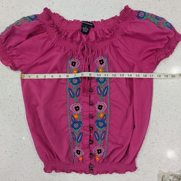 Boston Proper Pink Cotton Top Blouse Floral Embroidery Smocked Ruffle Spring 4 - Picture 4 of 11